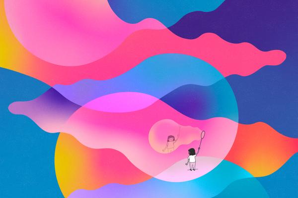 Visuel de l'exposition présentant un enfant dans une bulle