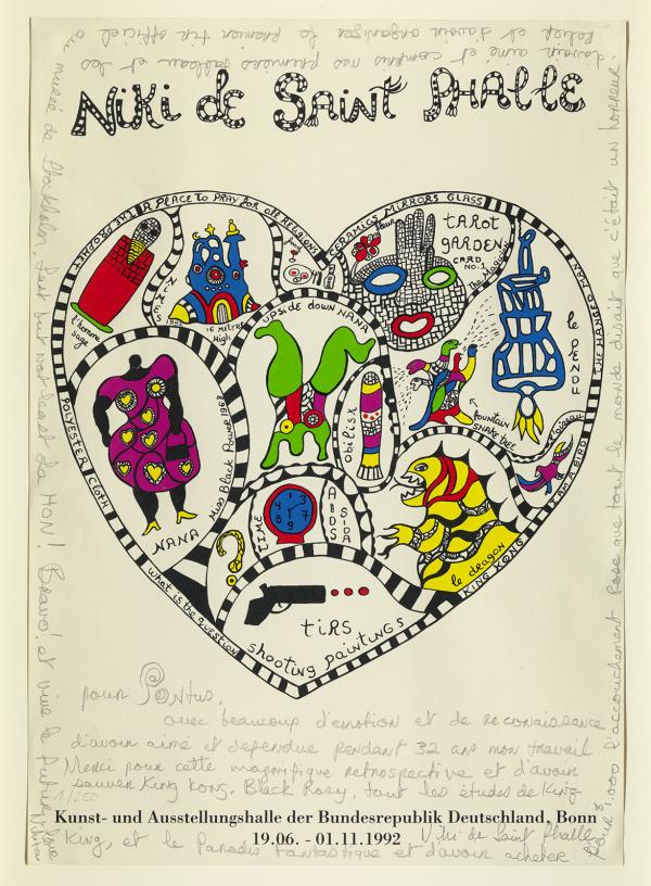 Affiche de Niki de Saint Phalle avec un coeur et des dessins colorés